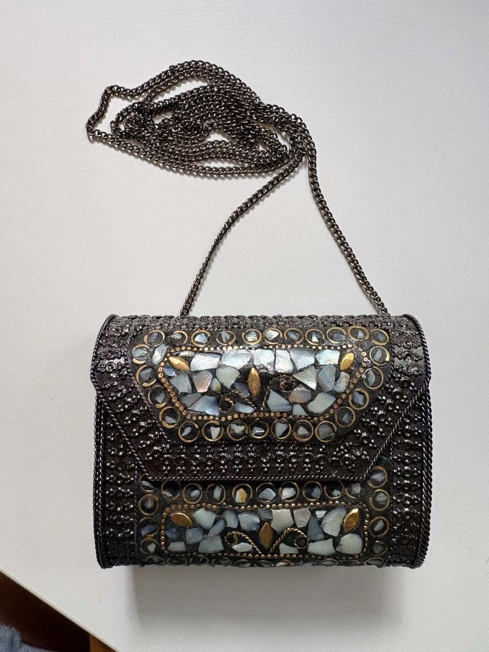 Handmade Mother of Pearl Mosaic Metal Box Ethnic Clutch Crossbody Bag